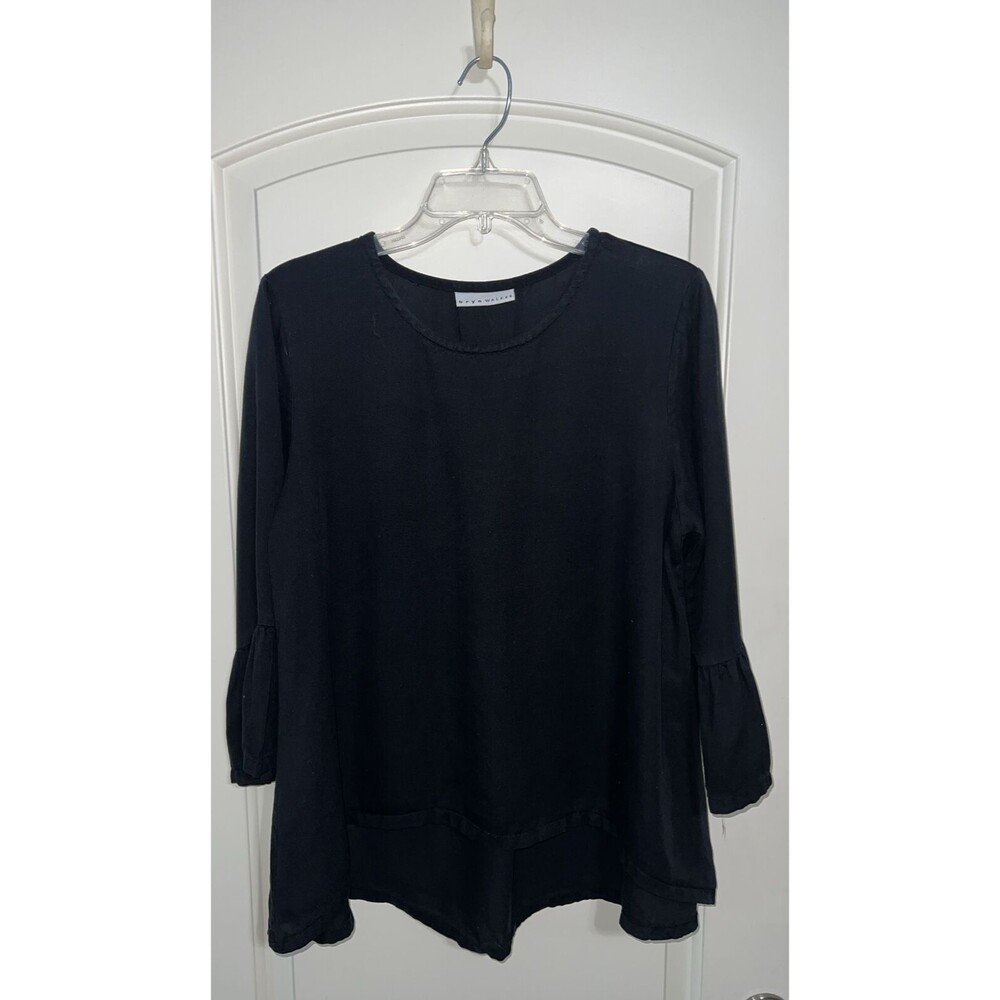 bryn WALKER Fran Tencel Hi-Low 3/4 Bell Peplum Ruffle Sleeve Top, Black, Small